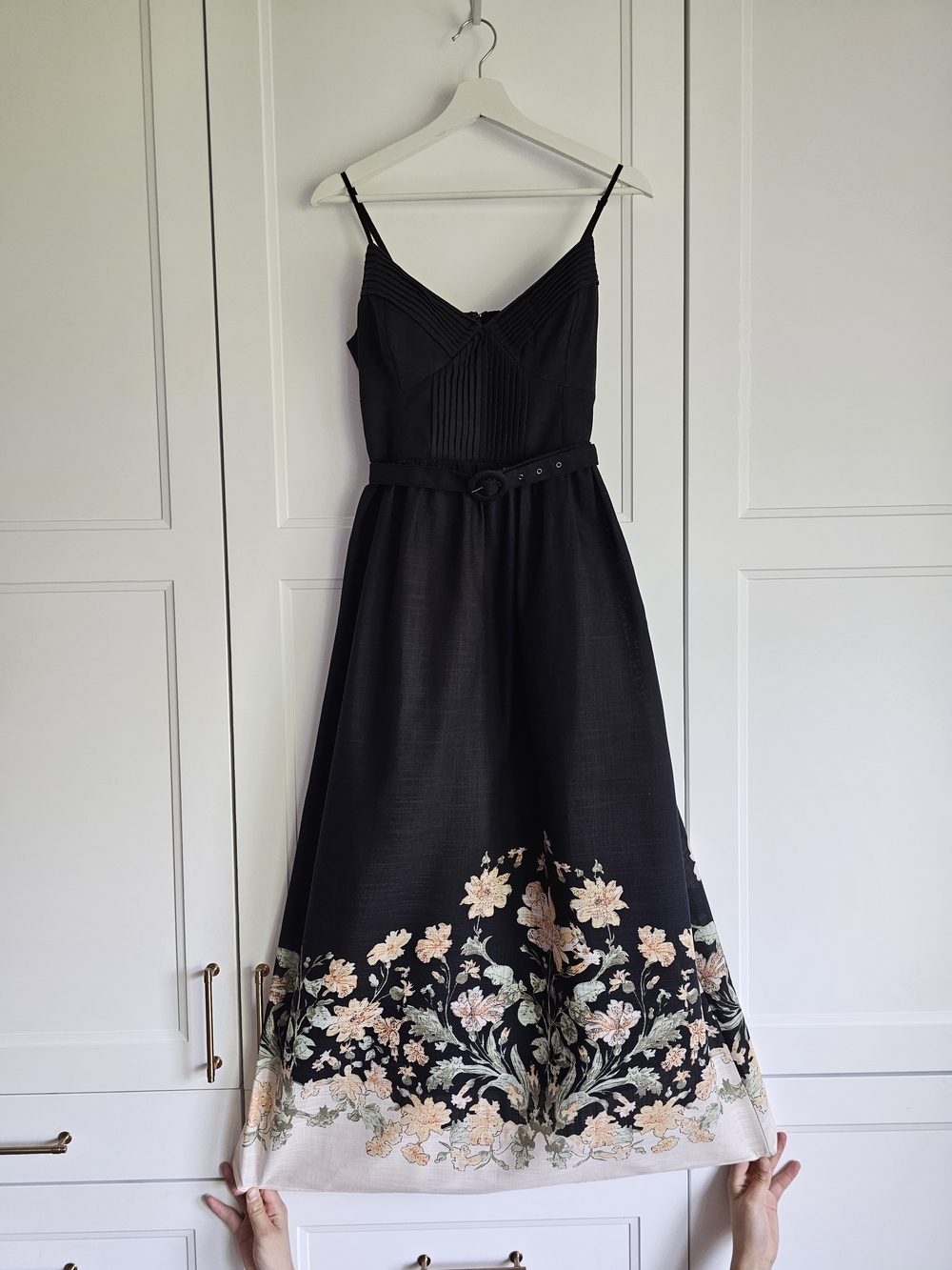 En Saison Black Iris Midi Dress with Peach Floral Printed Hem $289 NWOT